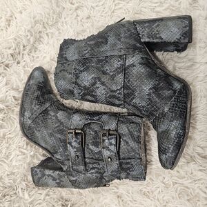 Freebird Joey Blue Snake Embossed Buckle Ankle Boots